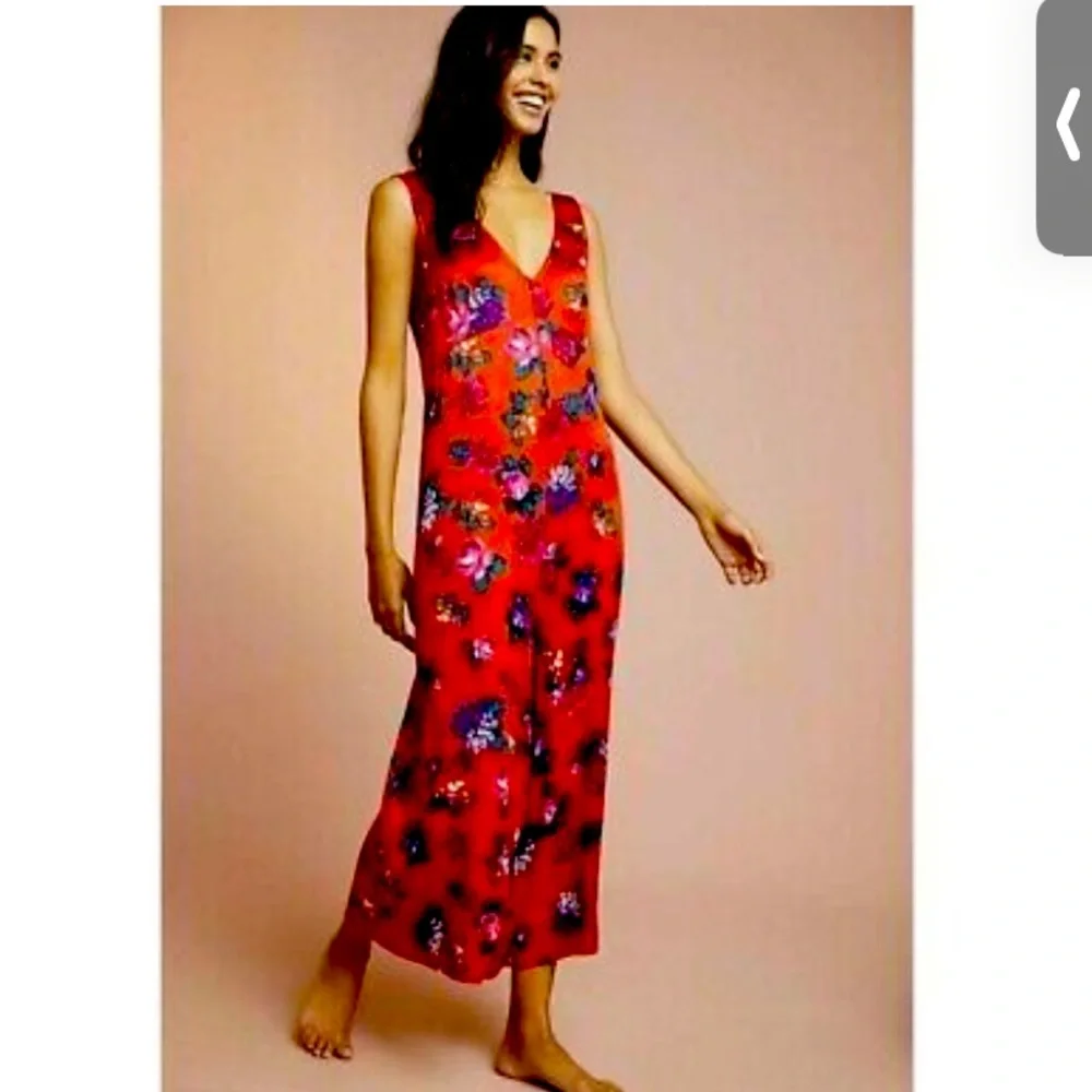 Anthropologie Floreat Red Rose Floral Wide Leg V-neck jumpsuit - Picture 2 of 7